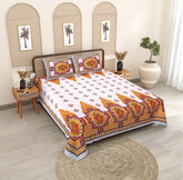 Jaipuri Bloom 104 TC Cotton Double Bedsheet Set - Vibrant Orange Floral Print